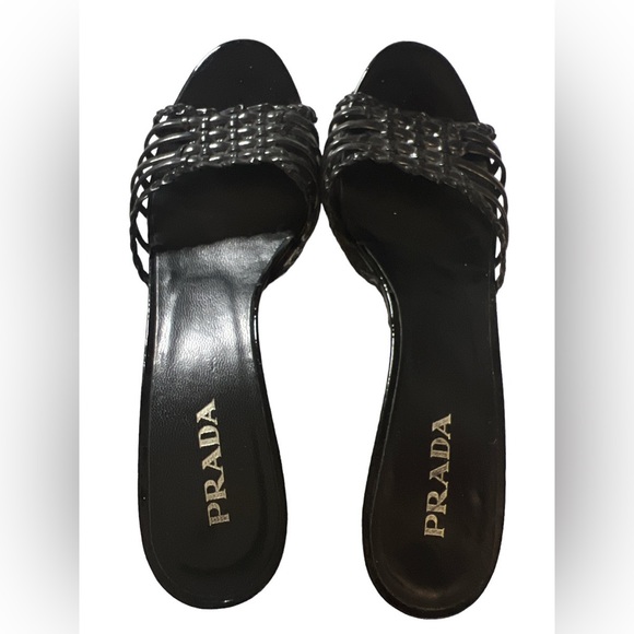 PRADA Black Patent Leather Woven Wedge Wrapped Slip On Slides EU 37.5 - Picture 2 of 6